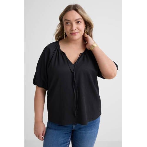 GREAT LOOKS crinkle top met strikkraag zwart