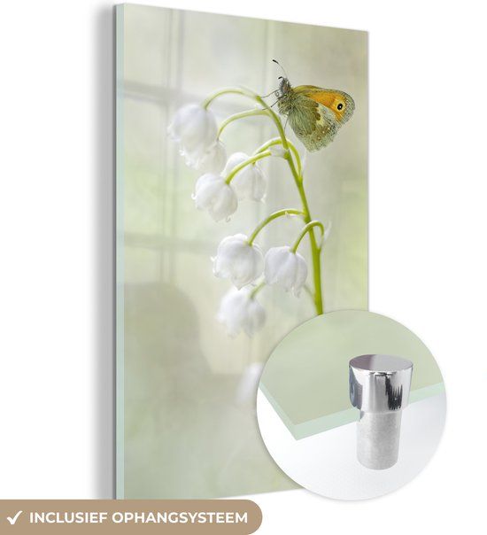 MuchoWow® Glass Painting 100x150 cm - Acrylic Glass Painting - A Butterfly on a Lily of the Valley - Photo on Glass - Paintings