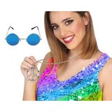 Atosa Hippie Flower Power verkleed accessoires set - ronde glazen bril blauw - peace teken ketting - Sixties thema