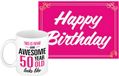 Bellatio Decorations Verjaardag cadeau koffiemok thema 50 jaar - vrouw - awesome - met knaproze Happy Birthday wenskaart - A5 formaat