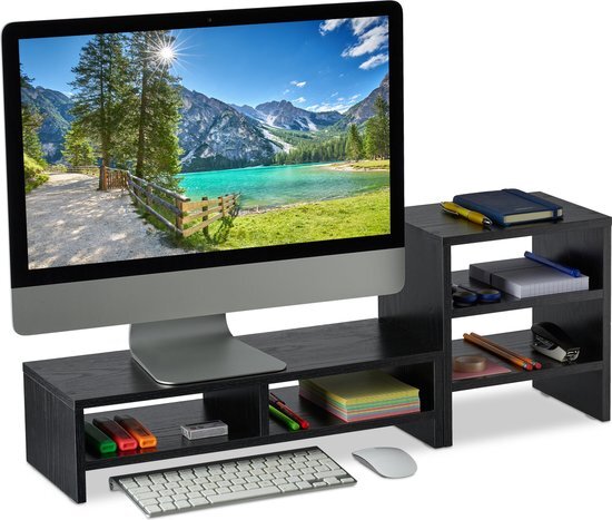 Relaxdays Monitorstandaard met planken, 2 delen, organizer, laptopplank voor bureau, bureauverhoging kantoor, zwart, 1 stuk