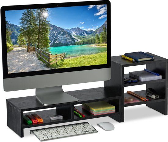 Relaxdays Monitorstandaard met opbergruimte - Zwart