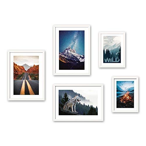 Kreative Feder Posterset | Wildnis | 5 foto's deco woonkamer moderne slaapkamer foto voor uw muur - optioneel met frame - 3x DIN A3 & 2x DIN A4 - ca. 30x40 & 20x30 (witte lijst)