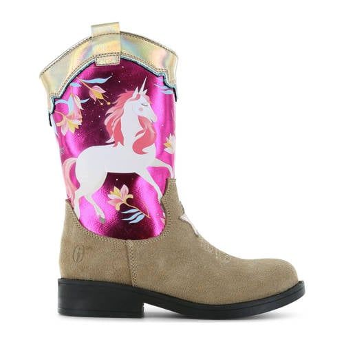 Shoesme suède cowboylaarzen beige/fuchsia
