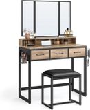 VASAGLE Make-uptafel met gestoffeerde kruk, kaptafel met drievoudige spiegel, 3 laden, haardrogerhouder, cosmeticatafel, industriële stijl, eikenbruin-zwart