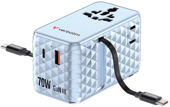 Verbatim Charge 'n' Travel - Netspanningsadapter - GaN III, universeel, met 2 intrekbare USB-C-kabels - 70 Watt - blauw