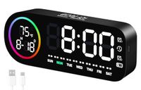 Vinabo Digitale led-wekker, 7 kleuren, digitale klok met temperatuurweergave, 5 helderheidsniveaus, dubbel alarm, snooze, USB, 12/24 uur, verlichte wekker voor kinderen en volwassenen (zwart)