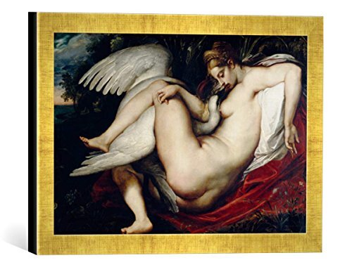 kunst für alle Ingelijste afbeelding van Peter Paul Rubens Leda met de zwan, kunstdruk in hoogwaardige handgemaakte fotolijst, 40x30 cm, Gold Raya