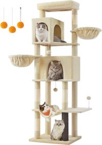 Feandrea Arbre à chat, 75" HAUT ARBRE À CHAT avec plusieurs niveaux, 2 condos, 2 lits, 5 poteaux à gratter, auto-soins, perchoir, hamac, beige sable