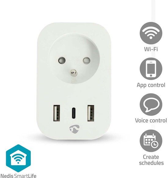 Nedis SmartLife Slimme Stekker – Smart Plug – USB-C & USB – Tijdschakelaar – Energiemeter – Wit – 1 Stuk
