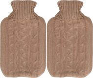 H&S Collection Warmwaterkruik - 2x - met zacht gebreide hoes - bruin - 1,75L