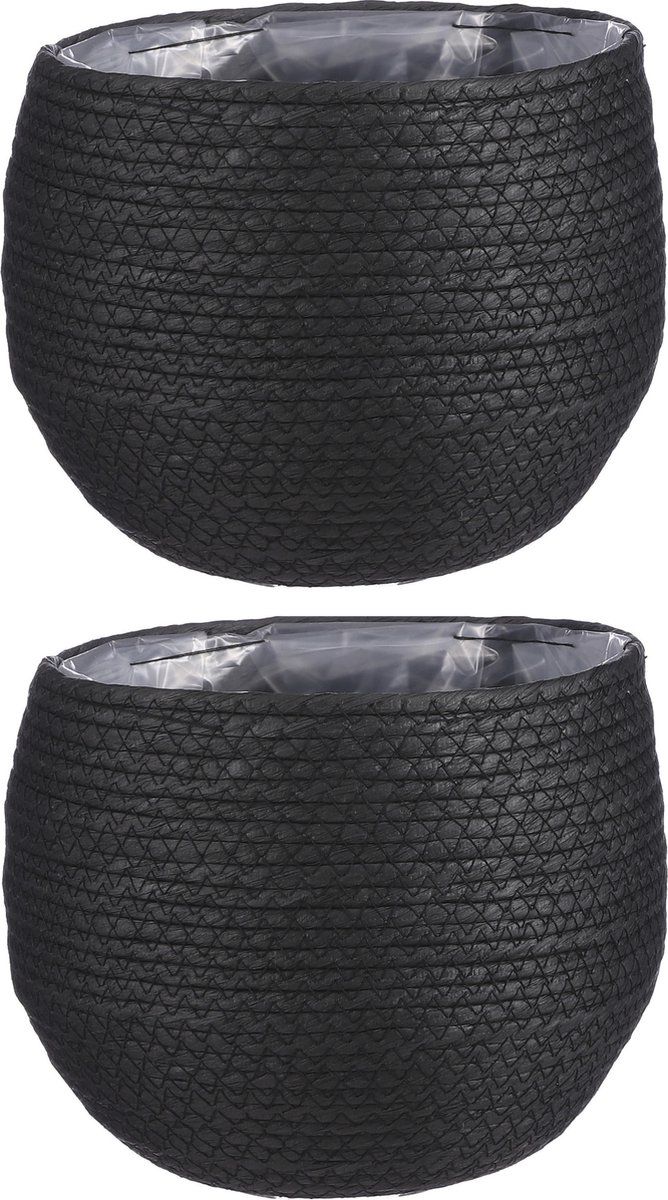 Mica Decorations 2x stuks zwart rotan plantenpot mand - H19 en D22 cm