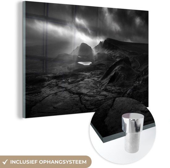 MuchoWow® Glass Painting 90x60 cm - Acrylic Glass Painting - Sunbeams Breaking Through the Clouds in Scotland (Black and White) - Photo on Glass - Paintings