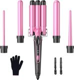 BESTOPE PRO Krultang, krultang, 3 vaten, 5-in-1 krultangset, 3 vaten voor grote golven, temperatuurinstelling, snelle opwarming en een handschoen, 2 clips, rosé