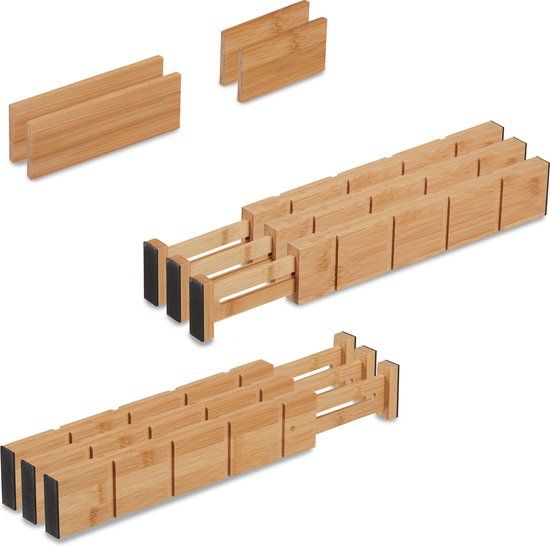 Merkloos Relaxdays Ladeverdelers - 10-delige set - Verstelbaar 34-44 cm - Bamboe - Lichtbruin/Zwart
