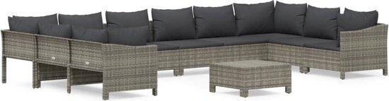 vidaXL 11-delige Loungeset met kussens poly rattan grijs