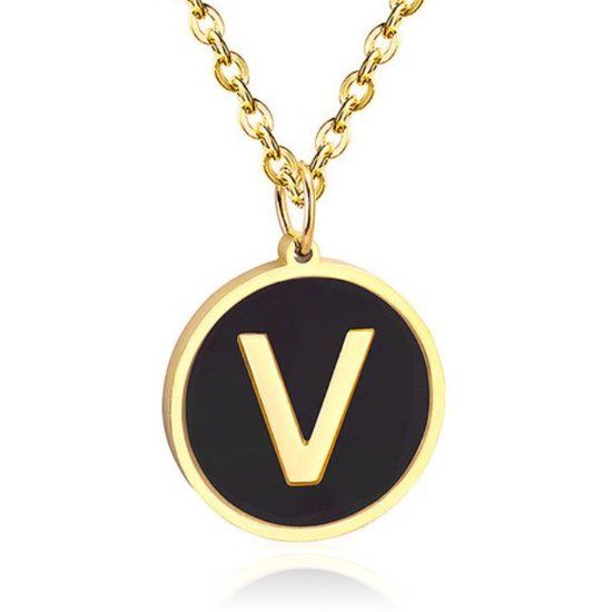 Cilla Jewels Lookinggoodtoday Goudkleurige Dames Schakelketting met Zwarte Kettinghanger Letter V