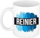 Bellatio Decorations Shoppartners Bv Reinier naam cadeau koffie mok - beker - met blauw verfstrepen - Cadeau collega - vaderdag - verjaardag - meester - coach - 300 ml - wit