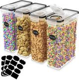 JustValue Voorraadpotten - Set van 4 voorraaddozen - 4 liter per stuk - Luchtdicht - Met stickervel 8 etiketten - Witte pen - Voor ontbijtgranen, pasta, rijst, koekjes