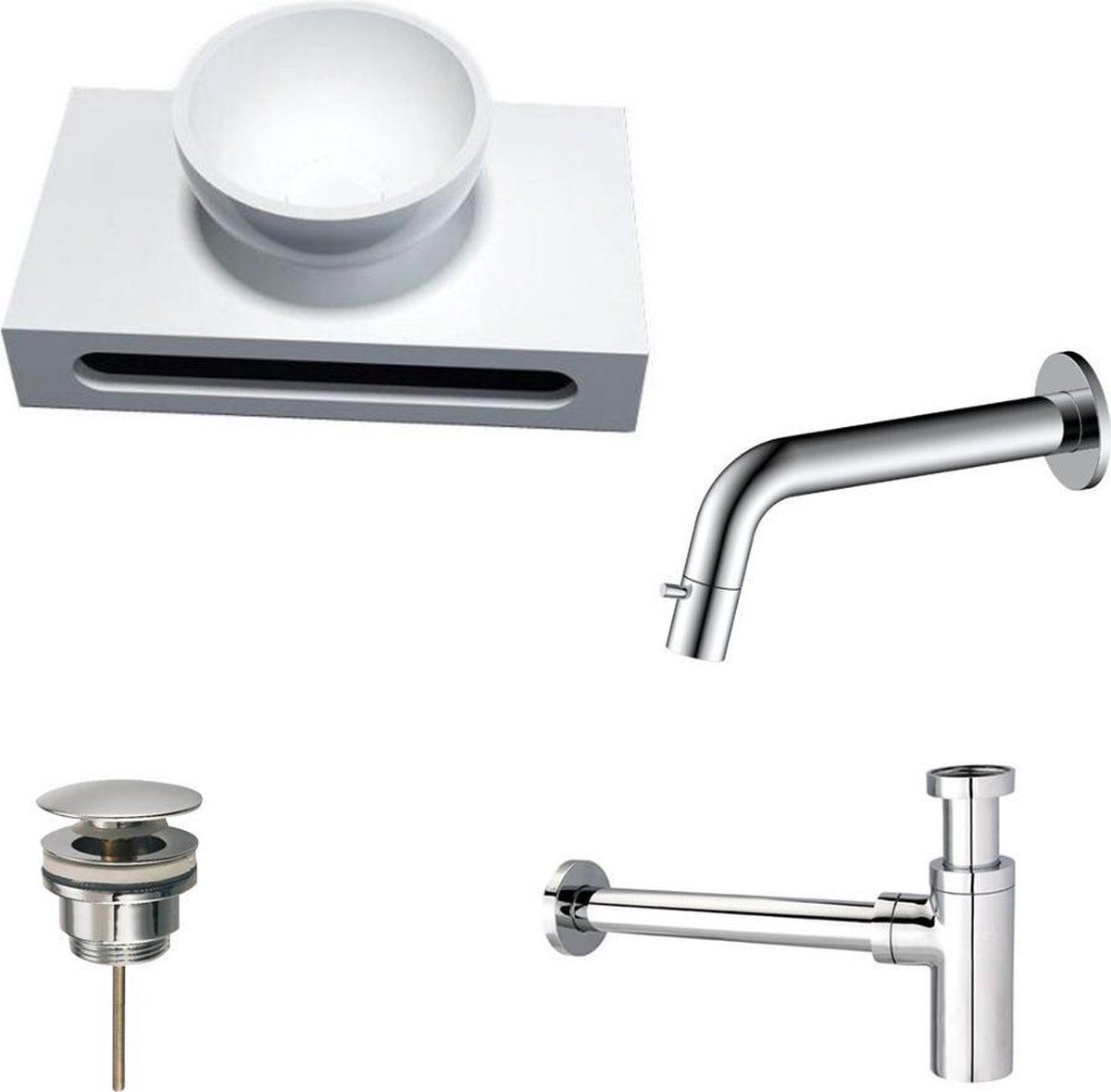 Sani Royal Solid Surface Waskom Rond 40x22x8cm - Wit - Met Inbouwkraan Chroom