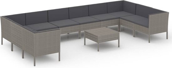 vidaXL 11-delige Loungeset met kussens poly rattan grijs