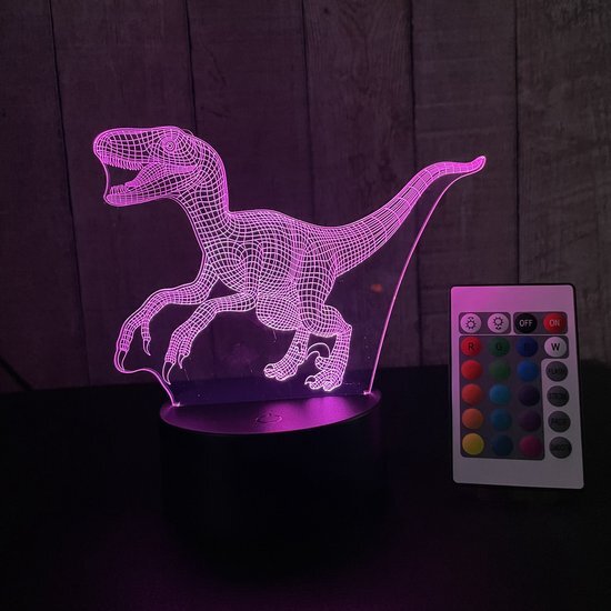 Klarigo Klarigo® Nachtlamp – Velociraptor - 3D LED Lamp Illusie – Dinosaurus - 16 Kleuren – Bureaulamp – Jurassic Park – Sfeerlamp - Jurassic World – Nachtlampje Kinderen – Creative - Afstandsbediening