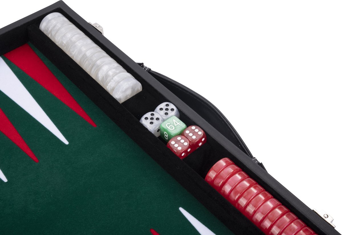 Longfield Backgammon 15"inch groen, rood en wit ingelegd vilt