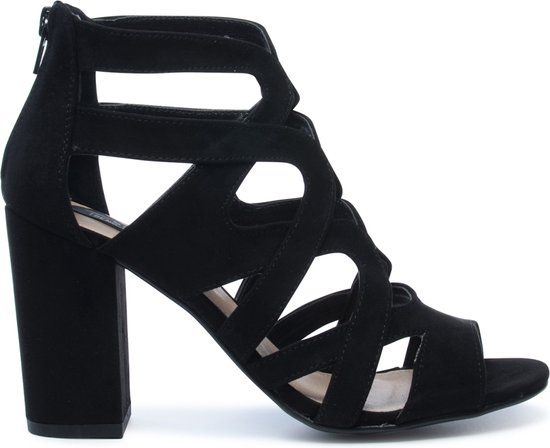 Sacha - Dames - Zwarte opengewerkte sandalen met hak - Maat 39