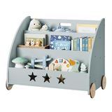 WOLTU Kinderboekenkast van hout, speelgoedrek met 3 niveaus, organiseren voor boeken met wielen voor kinderkamer, grijs