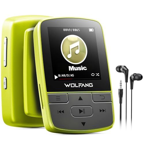 WOLFANG MP3-spelers met Bluetooth 5.2, sportclip, mini-formaat, wegen 1 oz, HiF FM-radio, spraakrecorder, inclusief oortelefoons, fluorescerend groen