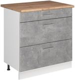 Vicco R-Line meuble bas de cuisine, béton/blanc, 80 cm avec 3 tiroirs plan de travail chêne doré