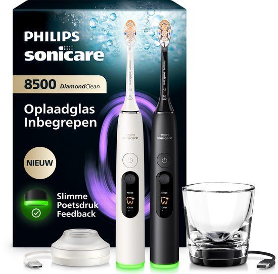 Philips Sonicare Next-Generation DiamondClean 8500 Duo Pack Elektrische Tandenborstels – met Smart Pressure Feedback en 18 Poetsinstellingen, Wit & Zwart, HX8596/21