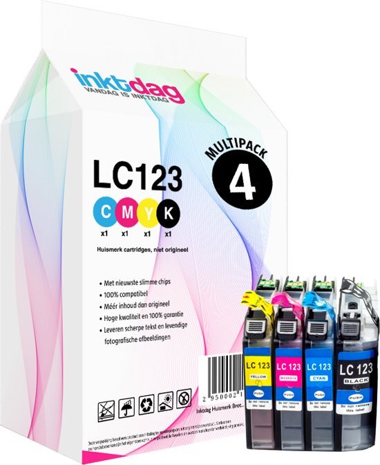 inktdag Huismerk Brother LC123 Inktcartridges Multipack 1 set van BK C M en Y 4 kleuren pack 1 zwart 1 magenta 1 cyaan 1 geel