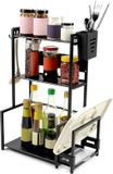 Sans marque Étagère à épices autoportante, étagère de cuisine sur plan de travail, 3 niveaux, avec crochets supplémentaires, porte-ustensiles de cuisine et porte-planche à découper