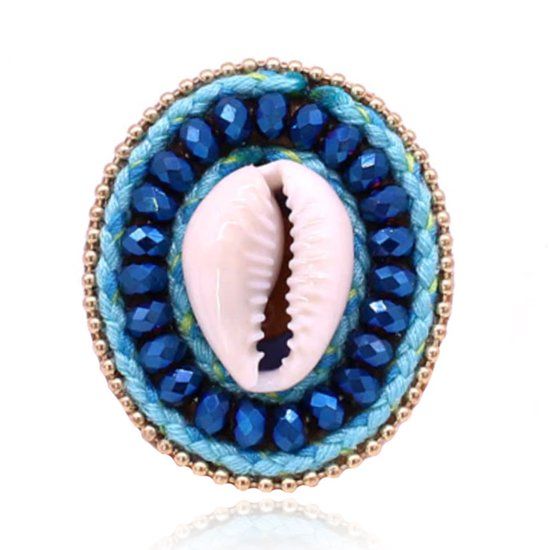 Deja Jewels Lookinggoodtoday Handgemaakte verstelbare Ibiza ring blauw van leer met kristal en schelpje