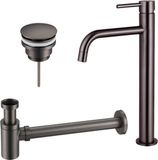 Fortifura Calvi Slim Wastafelkraanset - verhoogde wastafelkraan - klikwaste plug - verlaagde design sifon - PVD - geborsteld gunmetal (antraciet)
