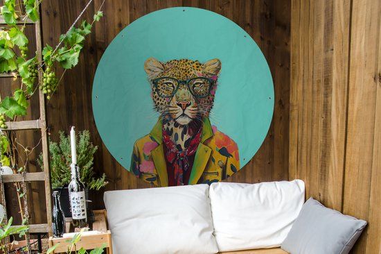 GreatGardenPosters Tuincirkel Dier - Bril - Luipaard - Strik - Design - 120x120 cm - Ronde Tuinposter - Buiten XXL / Groot formaat!
