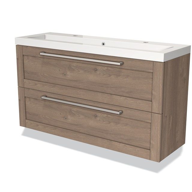Maxaro Badkamermeubel 120cm Modulo Slim Middenbruin Eiken 2 Lades Kader Wastafel Mineraalmarmer