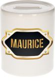 Bellatio Decorations Shoppartners Bv Spaarpot met voornaam Maurice - wit - met goud/zwart embleem - 8 x 9 cm - keramiek - met afsluitdop - cadeau verjaardag