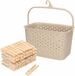 Plastic Forte Panier à linge avec crochet de suspension - beige - rempli de 100x pinces à linge en bois de 7 cm