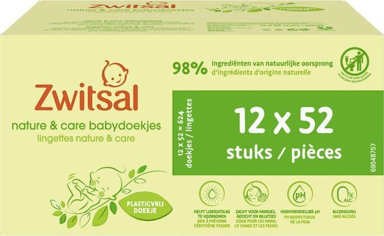 Zwitsal Billendoekjes Nature &amp; Care Alcoholvrij - Plasticvrij - 624 doekjes - Voordeelverpakking