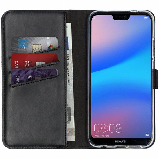 Selencia Echt Lederen Bookcase voor de Huawei P20 Lite - Zwart