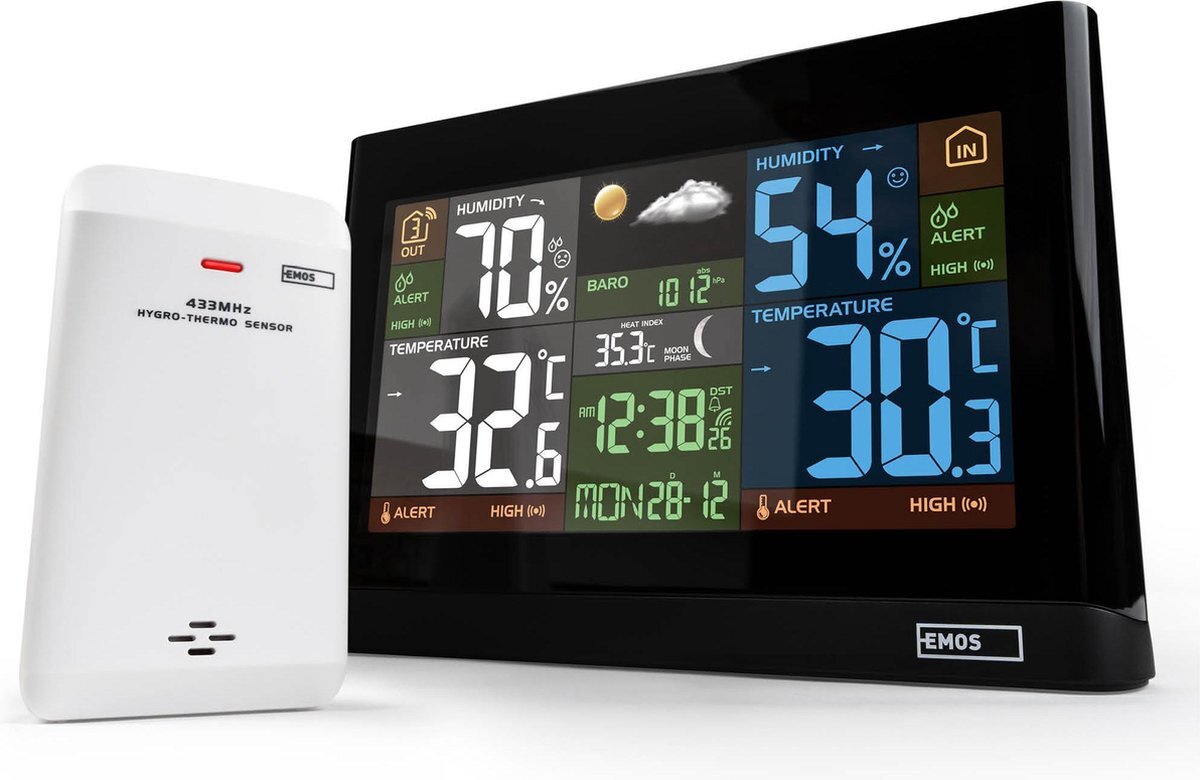 Emos Select EMOS Weerstation, Draadloos Binnen- en Buitenweersysteem met Kleurendisplay, Bewaakt Tijd & Datum, Temperatuur, Luchtvochtigheid, Luchtdruk, Comfort & Hitte-index, 12-24 Uursvoorspelling