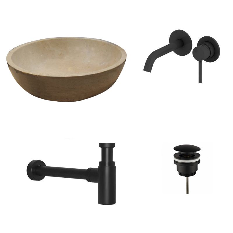 Badkamerplanet Natuurstenen Waskomset Beige Marmer Rond Mat Zwart Inbouwkraan 38x38x12 cm