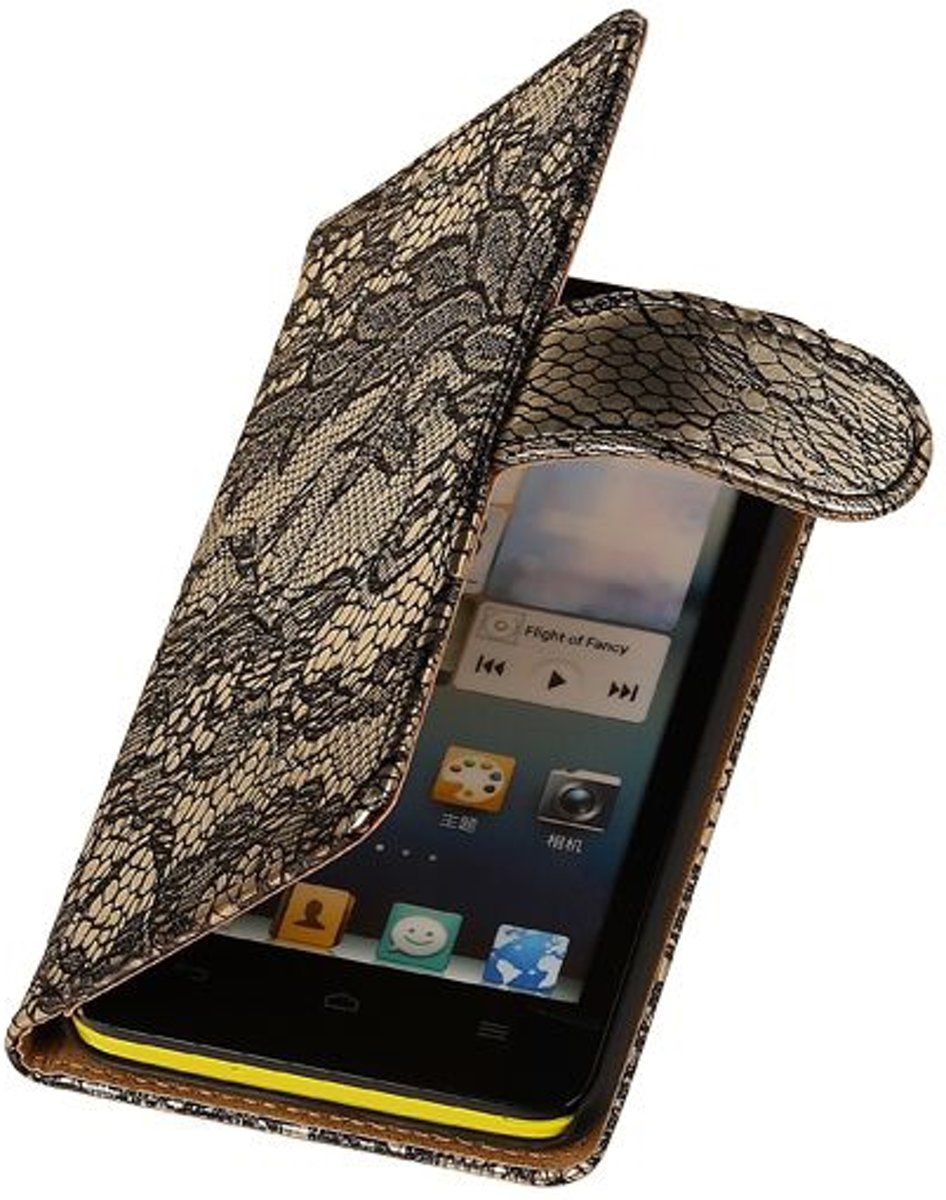 Best Cases Lace Zwart Huawei Ascend G6 - Book Case Wallet Cover Hoesje Bloem Glamour Kanten Lace Design Hoesje Huawei