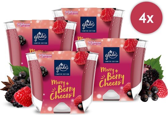 Glade (Brise) Langhoudende geurkaars in glas, Merry Berry Cheers, tot 30 uur brandduur, verpakking van 4 stuks (4 x 224 g)