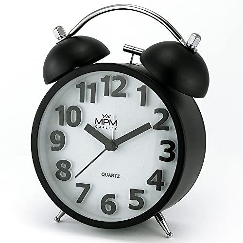 MPM Quality metalen wekker - pastelkleuren - zwart - 3D-wijzerplaat - geruisloos - lichtfunctie - analoog