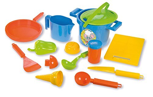 SIMM Spielwaren Lena 05410 - Happy zand speelset koken, 14-delig, zand en water speelgoed set voor kinderen vanaf 2 jaar, met pot, zeef, 3 vormpjes, plank, pan, ijlepel, ijszak en andere keukenaccessoires