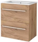 Basic Line Start 39 Badkamermeubelset - Ondiep - 60 x 39 cm - Met Grepen - 2 Lades - Keramische Wastafel - 1 Kraangat - Whisky Oak