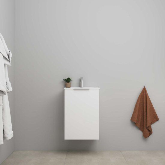 On Line Onderkast - 45 cm - Bouwpakket - 1 Deur met Greep - Porseleinen Wastafel - 1 Kraangat - Mat Wit